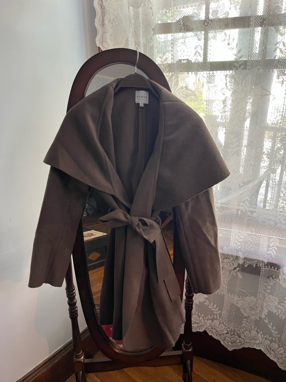Cyrus Brown Wrap Trench Coat with Shawl Collar